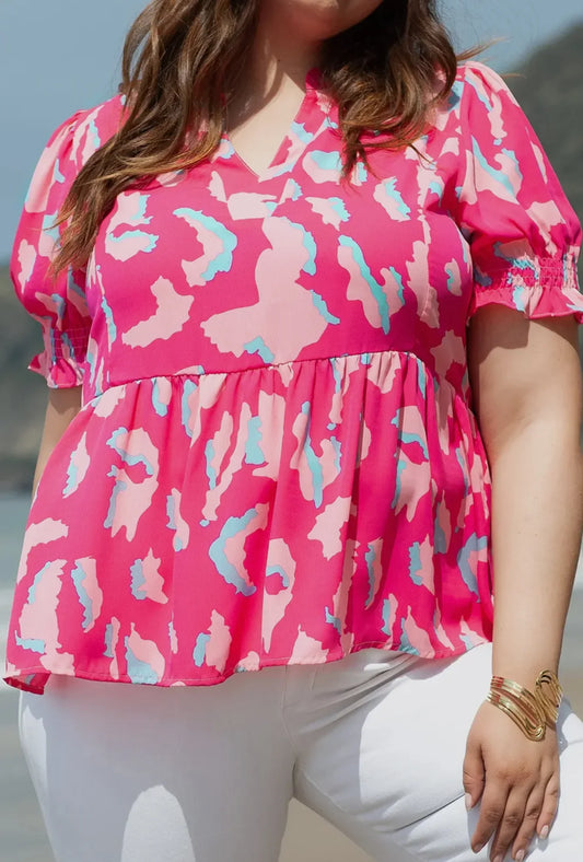 Abstract Print Puff Sleeve V-neck Blouse Tops