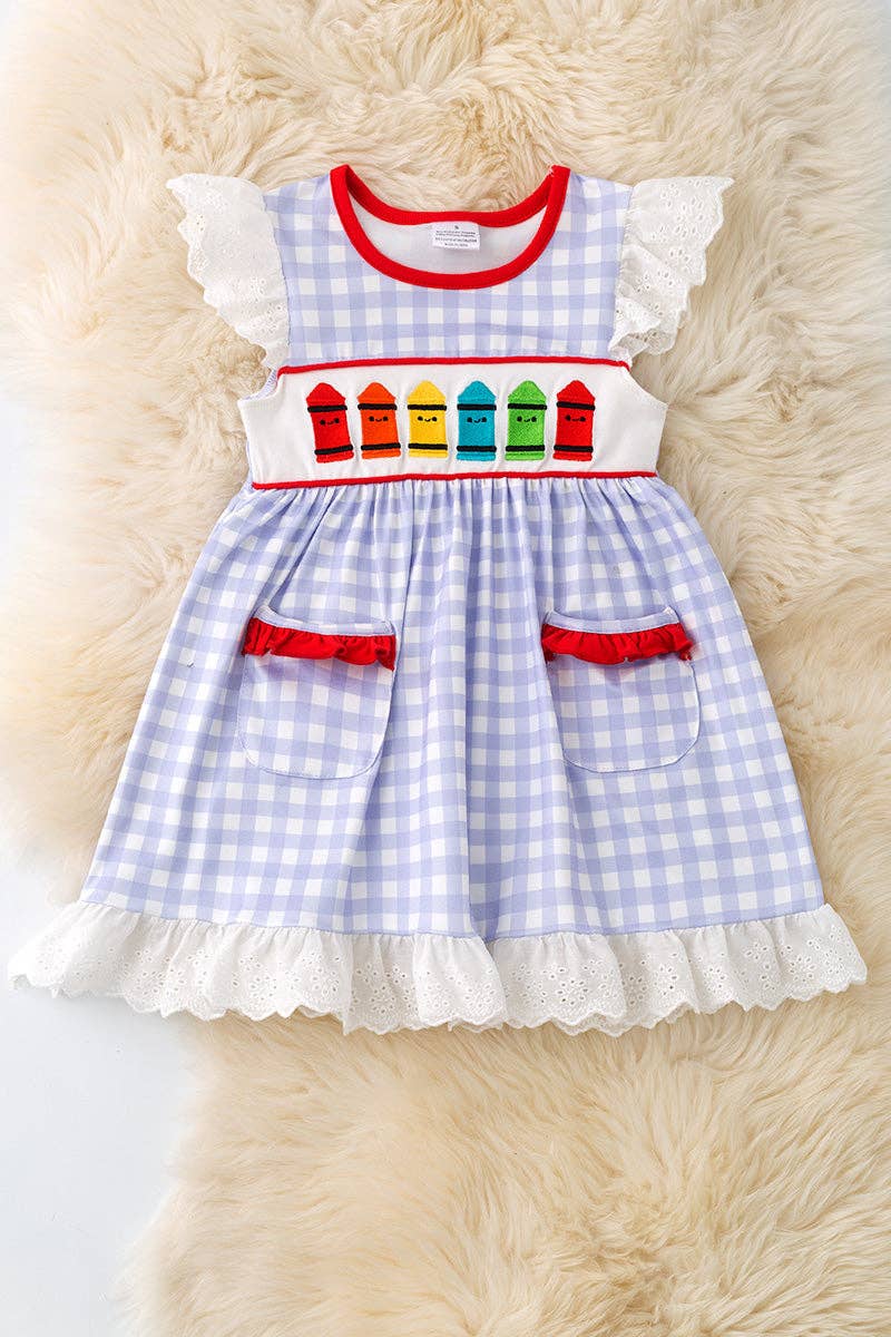 Crayon embroidered dress with gingham print & front pockets