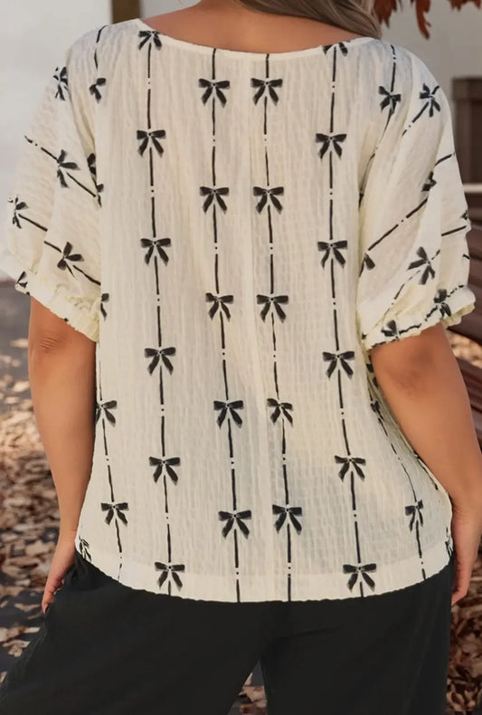 Bow Print Striped Round Neck Puff Short Sleeve Women’s Top Tops