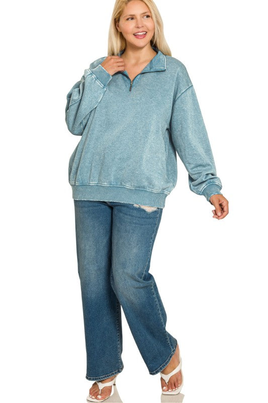 Zenana Plus Acid Wash Half Zip Pillover pullover