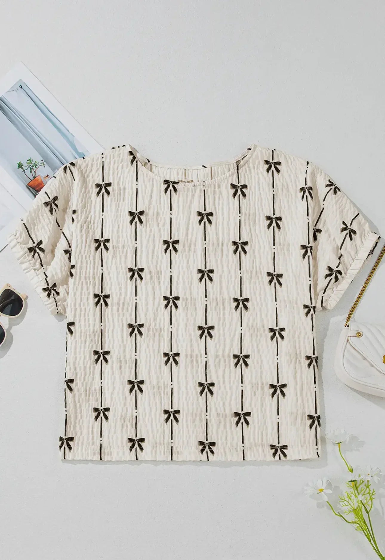 Bow Print Striped Round Neck Puff Short Sleeve Women’s Top Tops