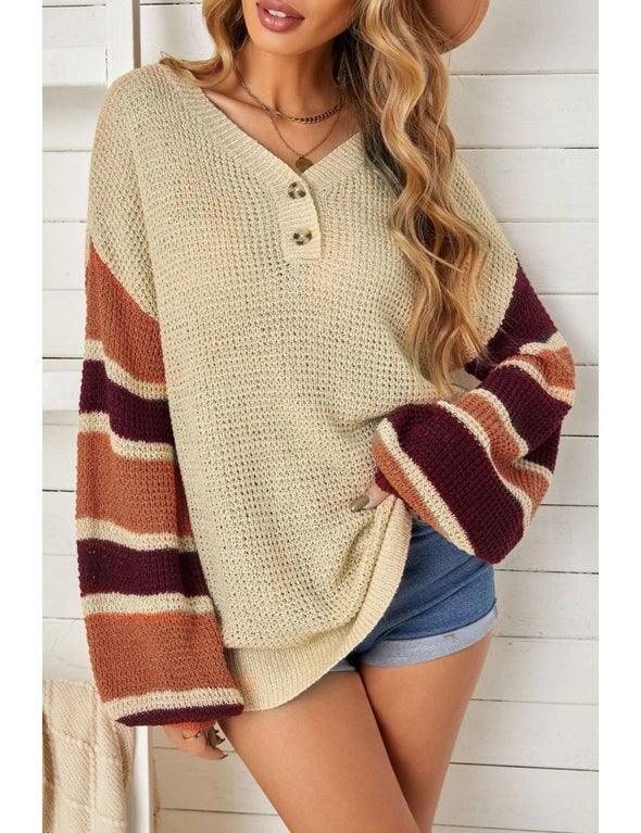 Apricot Striped Raglan Sleeve Drop Shoulder Sweater shirt