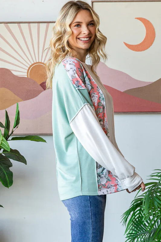 Floral Colorblock Long Sleeve Top - Stylish and Comfortable Casual Top Tops