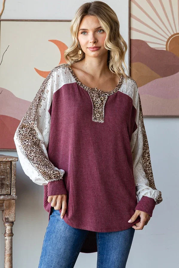 Cozy Leopard Print Oversized Sweater - Burgundy Ribbed Chic Top for Effortless Style Tops
