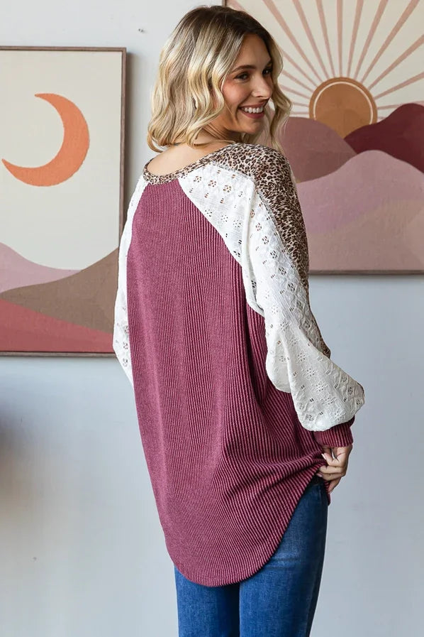 Cozy Leopard Print Oversized Sweater - Burgundy Ribbed Chic Top for Effortless Style Tops
