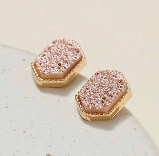 Hexagon Druzy Stone Stud Earrings Rose Pink (GDCP)