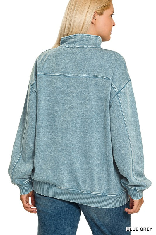 Zenana Plus Acid Wash Half Zip Pillover pullover