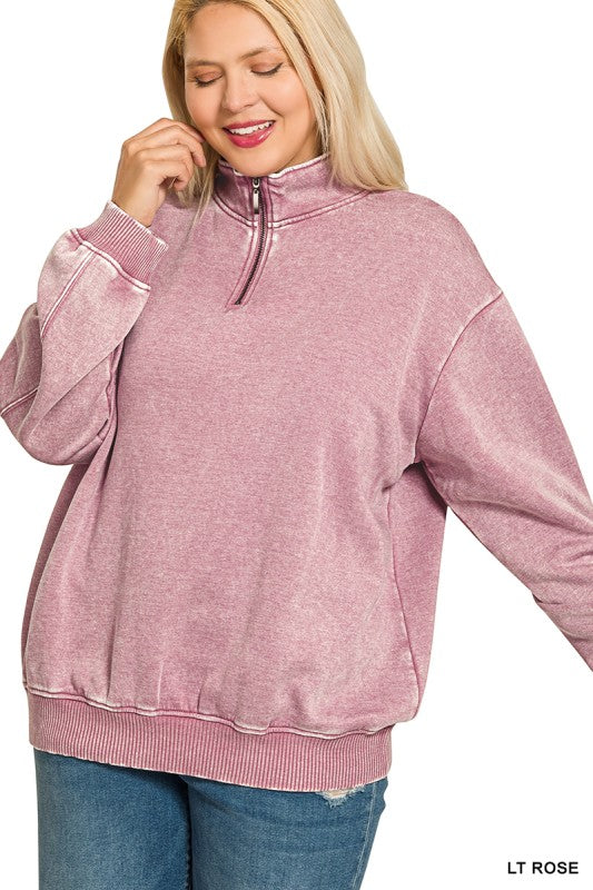 Zenana Plus Acid Wash Half Zip Pillover pullover