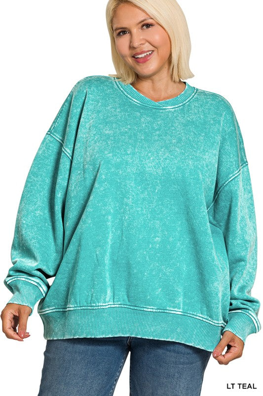 Plus Acid Wash Oversized Fleece Pullover Sweatshirt LT Teal