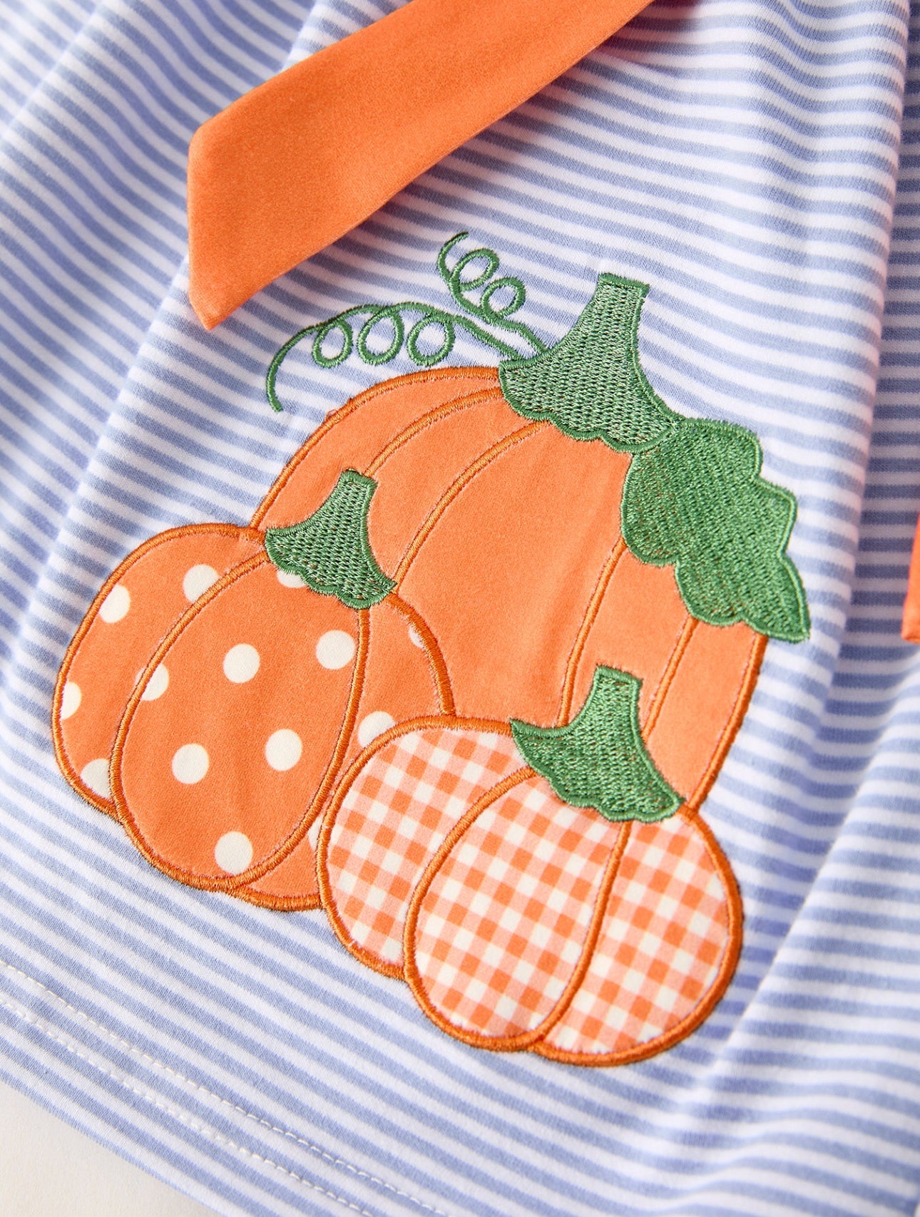Fall Thanksgiving & Halloween Lapel Striped Pumpkin Appliqué Bow Girls Dress