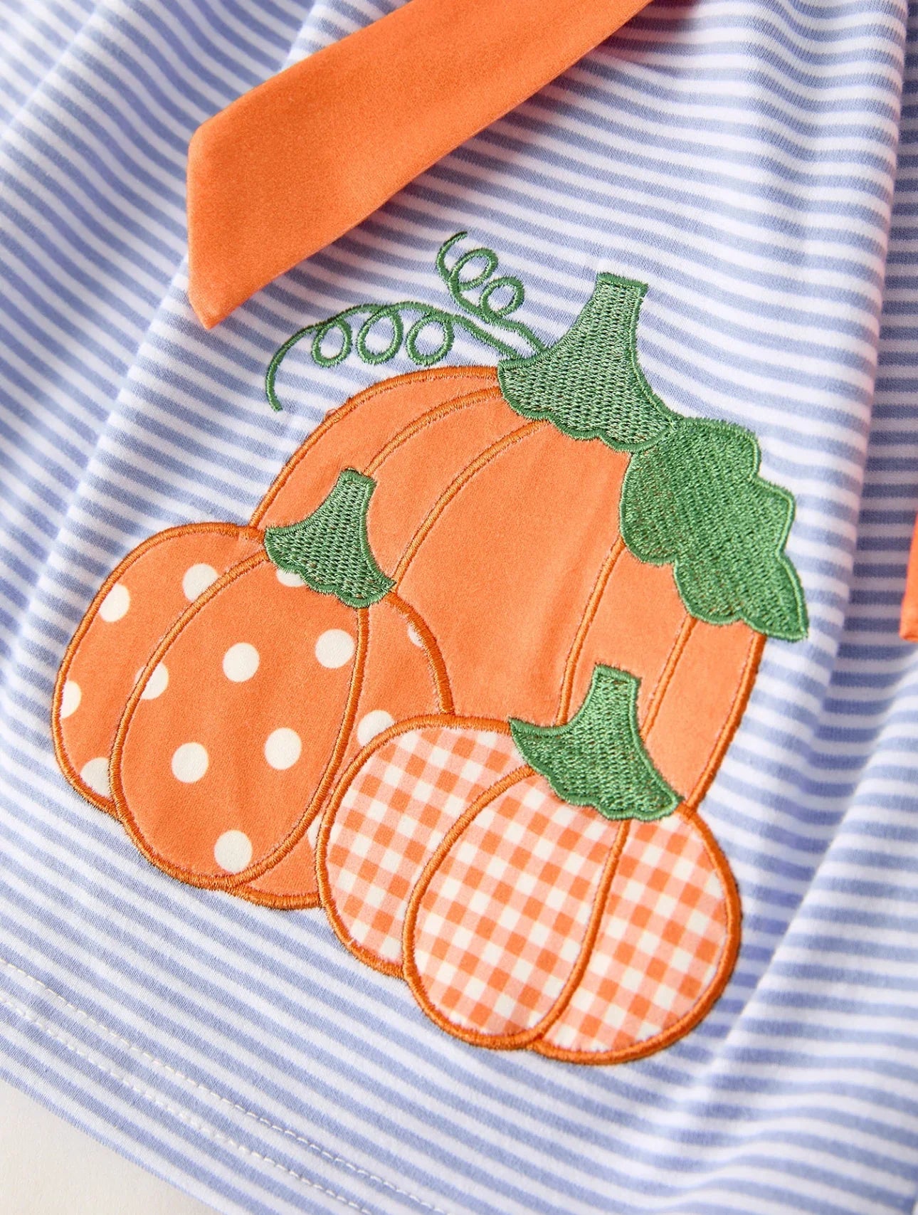 Fall Thanksgiving & Halloween Lapel Striped Pumpkin Appliqué Bow Girls Dress