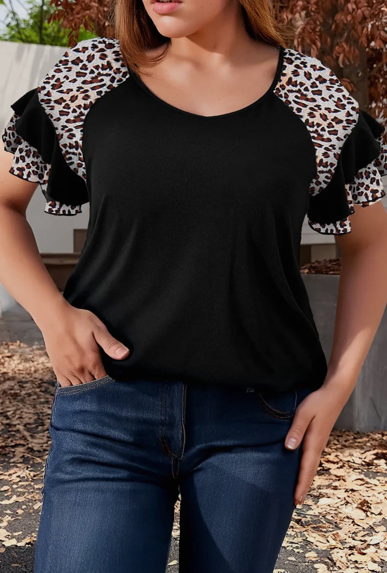 Leopard Ruffle Patchwork Sleeve Summer Top