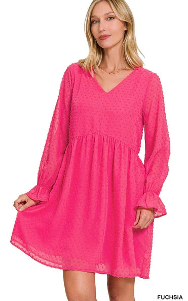 SWISS DOT LONG SLEEVE V-NECK DRESS Dress