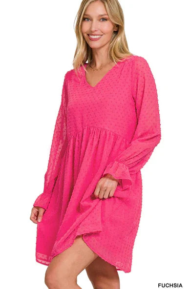 SWISS DOT LONG SLEEVE V-NECK DRESS Dress FUCHSIA