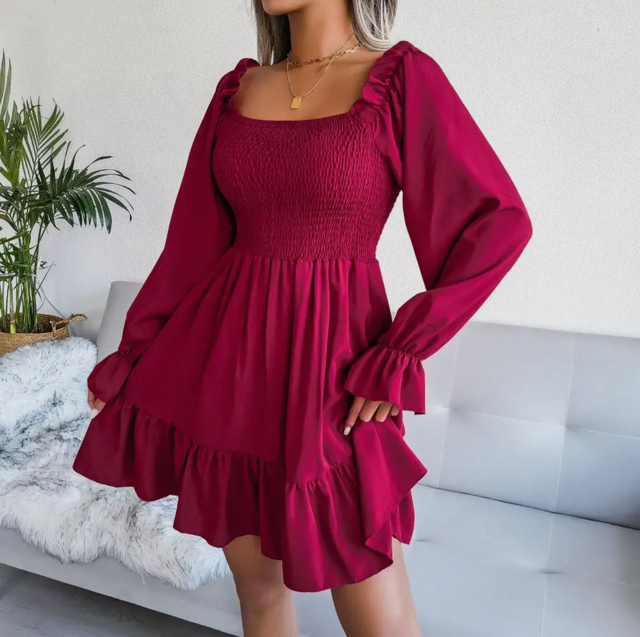 Solid Square Collar Long Sleeve Dress Dress