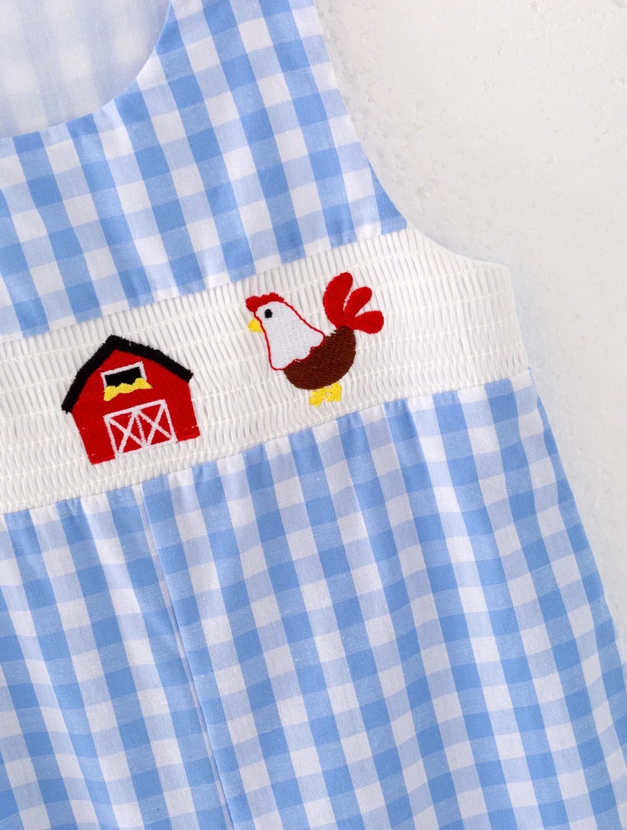Chicken Plaid Woven Smocking Embroidered Baby Boys Romper
