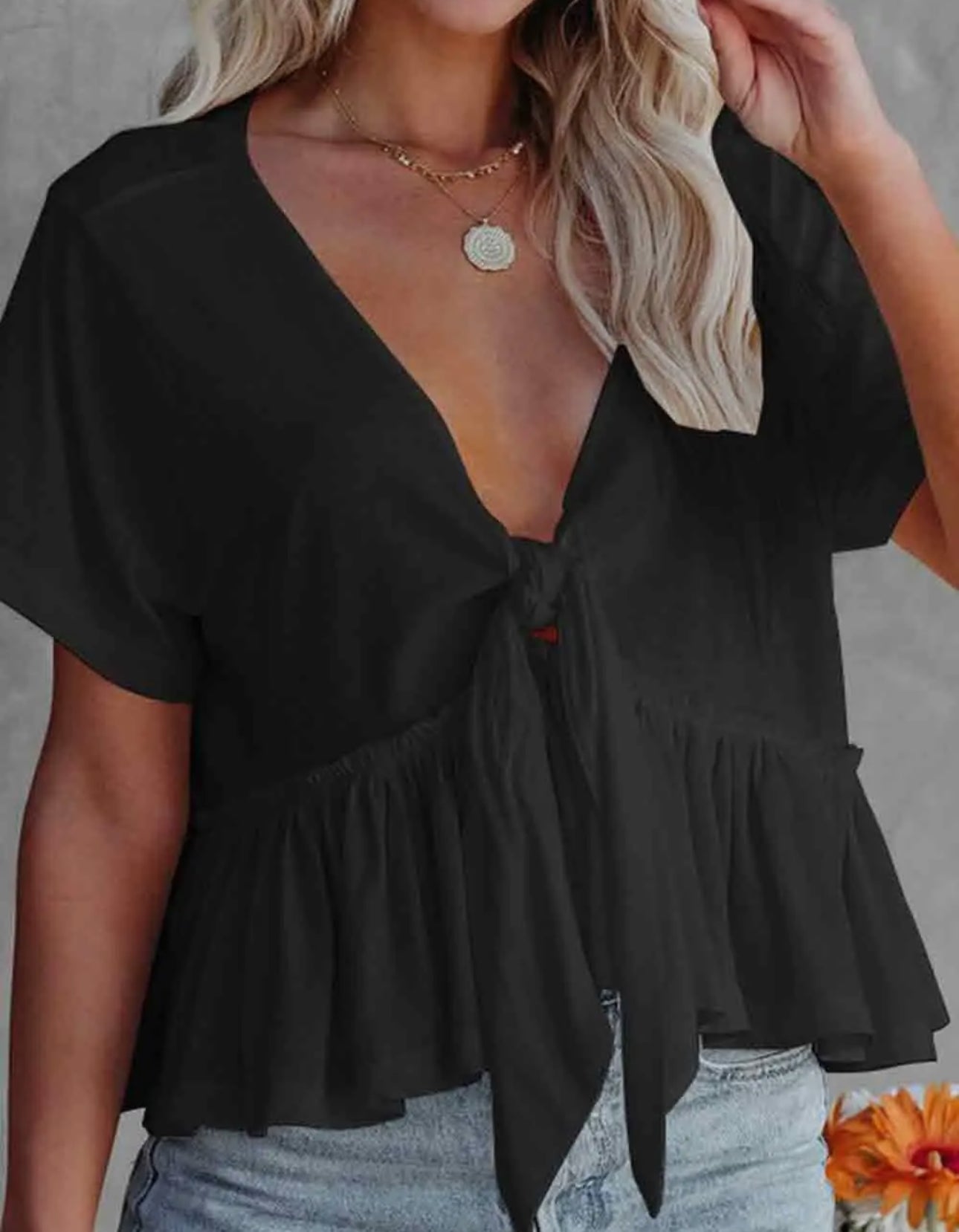 Solid Color Ruffle String Tie Short Sleeve Top Tops
