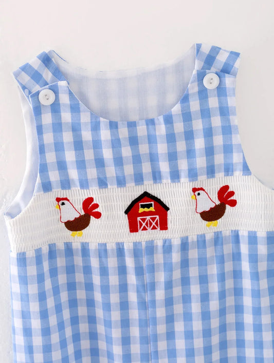 Chicken Plaid Woven Smocking Embroidered Baby Boys Romper