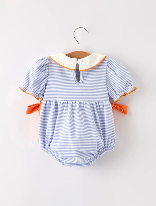 Fall Thanksgiving & Halloween Lapel Striped Pumpkin Appliqué Bow Girls Romper