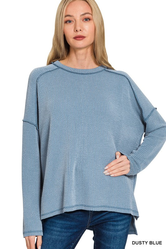 Raised Rib Raw Edge Boat Neck Long Sleeve Top