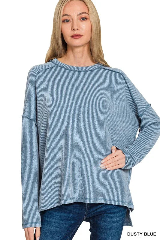 Raised Rib Raw Edge Boat Neck Long Sleeve Top Tops dusty blue