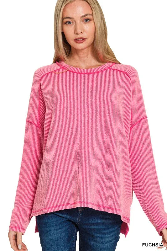 Raised Rib Raw Edge Boat Neck Long Sleeve Top Tops fuchsia