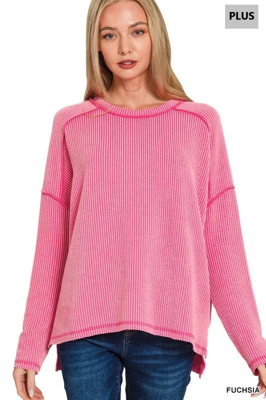Plus, Raised Rib Raw Edge Boat Neck Long Sleeve Top Tops