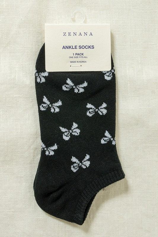 Zenana Bow Printed Cotton Ankle Socks socks Black