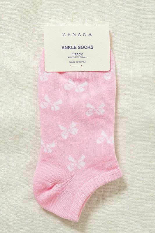 Zenana Bow Printed Cotton Ankle Socks socks Pink