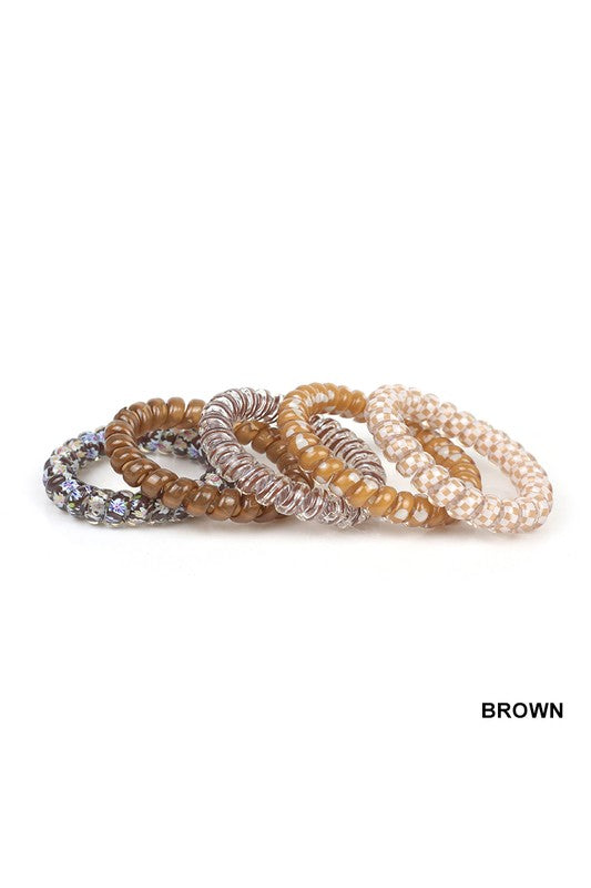 Solid, Flower, Checker, Hair Coil Ties, Mix of 5 Brown