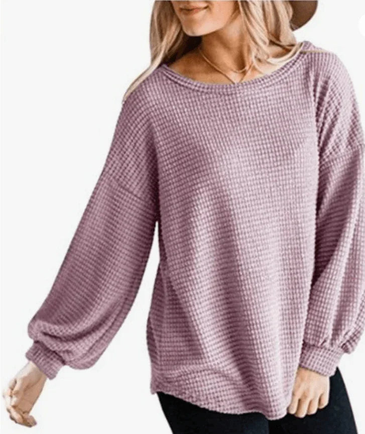 Long Sleeve Round Neck Knitted Loose Pullover Top shirt Pink
