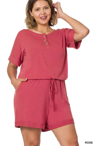 PLUS SHORT SLEEVE ROMPER WITH POCKETS rompers Rose
