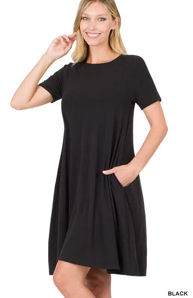 SHORT SLEEVE FLARED DRESS WITH SIDE POCKETS Dress Black