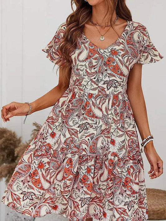 V Neck Paisley Floral Print Swing Dress Dress