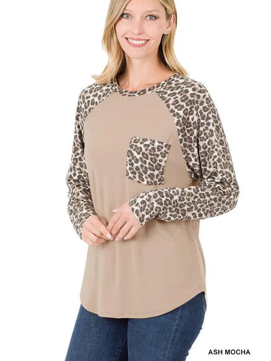 LS Leopard Raglan Sleeve Patch Pocket Top