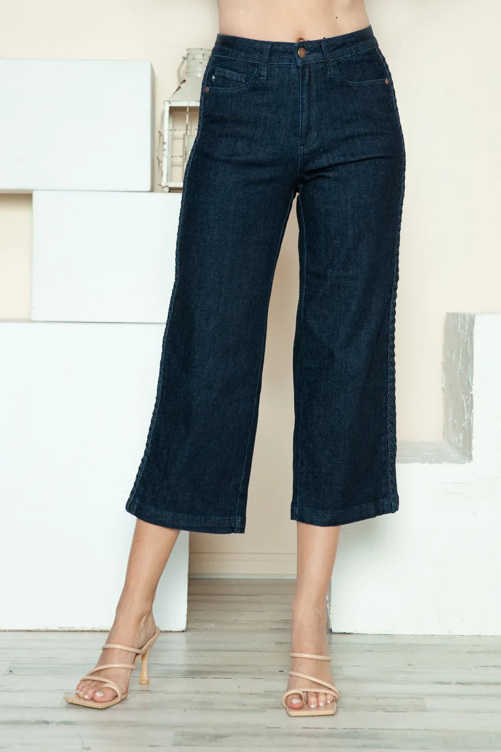 Judy Blue Full Size Side Seam Braid Detail Crop Wide Leg Jeans Judy Blue Dark
