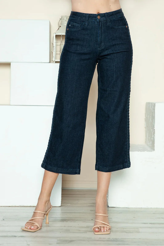Judy Blue Full Size Side Seam Braid Detail Crop Wide Leg Jeans Judy Blue Dark