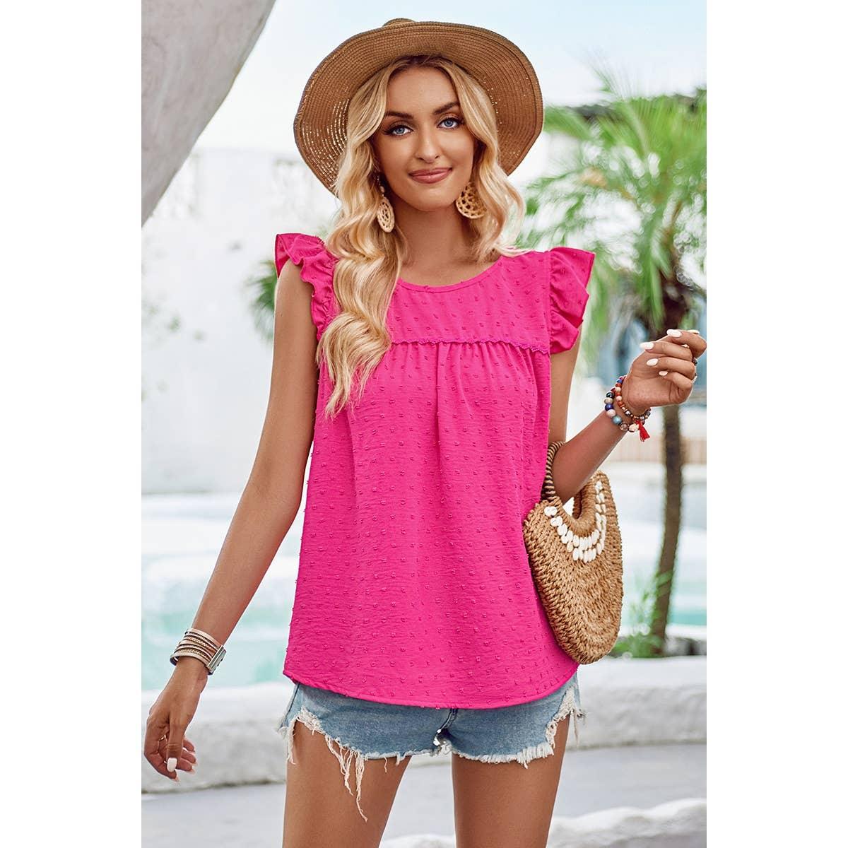 Swiss Dot Round Neck Ruffle Lose Solid Top Tops FUCHSIA