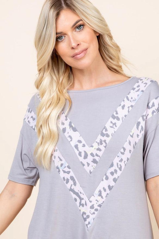 Solid Jersey Casual Top with Animal Print Contrast shirt
