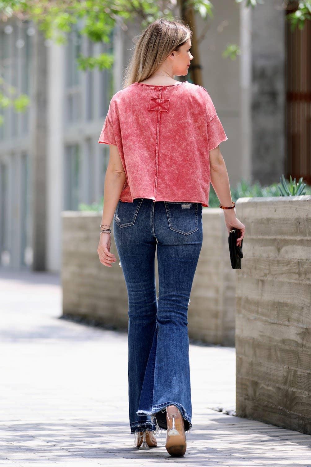ACID WASH RAW EDGE SHORT SLEEVE CROP TOP Shirt