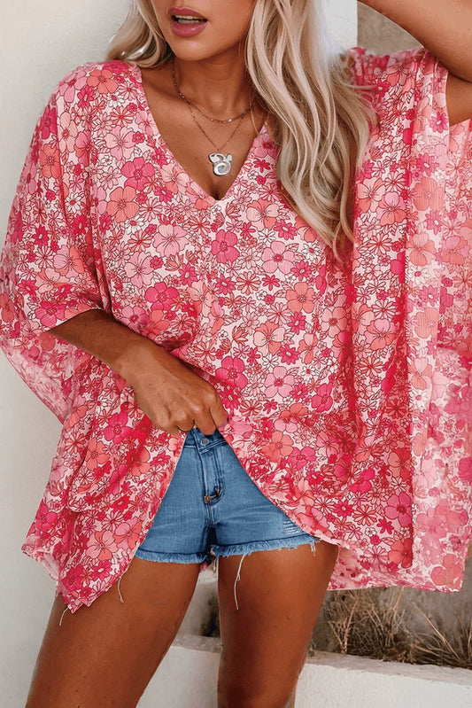 Boho Floral V Neck Kimono Style Blouse Shirt