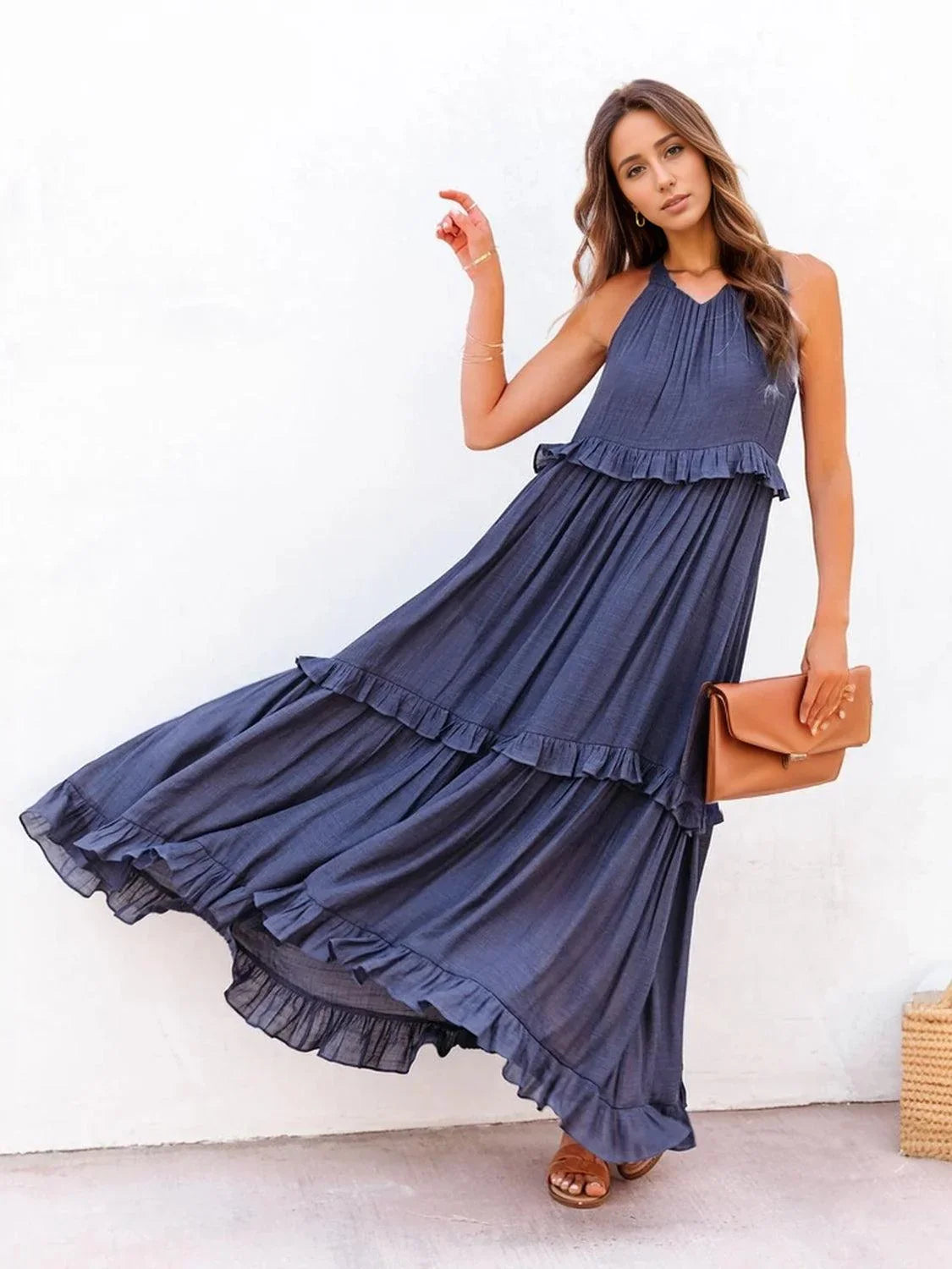 Ruffled Sleeveless Tiered Maxi Dress with Pockets Dress Dark Blue