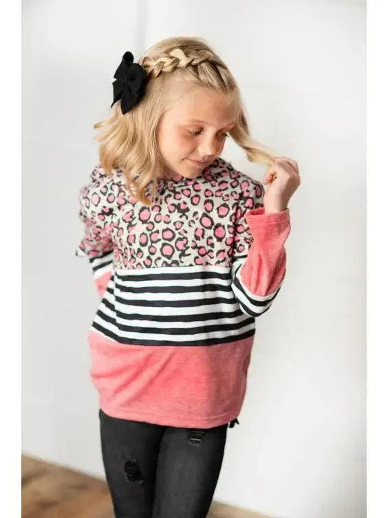 Kids Pink Leopard Stripe Long Sleeve Hoodie Shirt hoodie