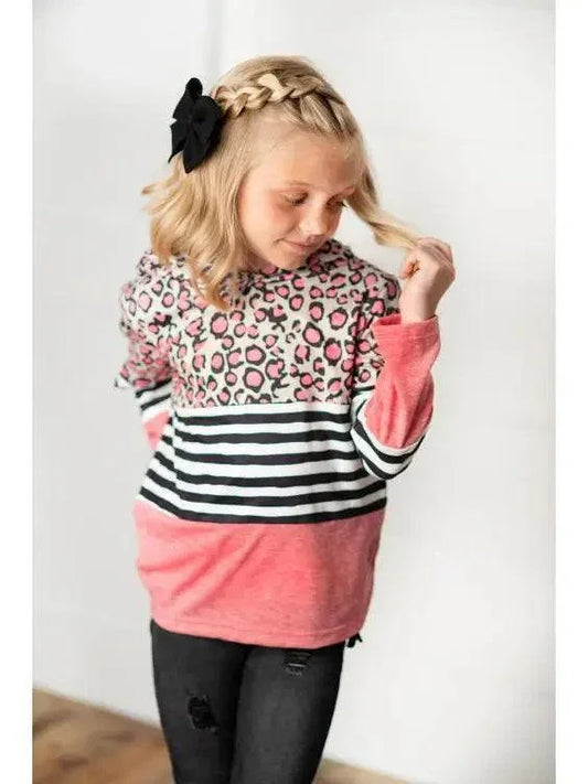 Kids Pink Leopard Stripe Long Sleeve Hoodie Shirt hoodie