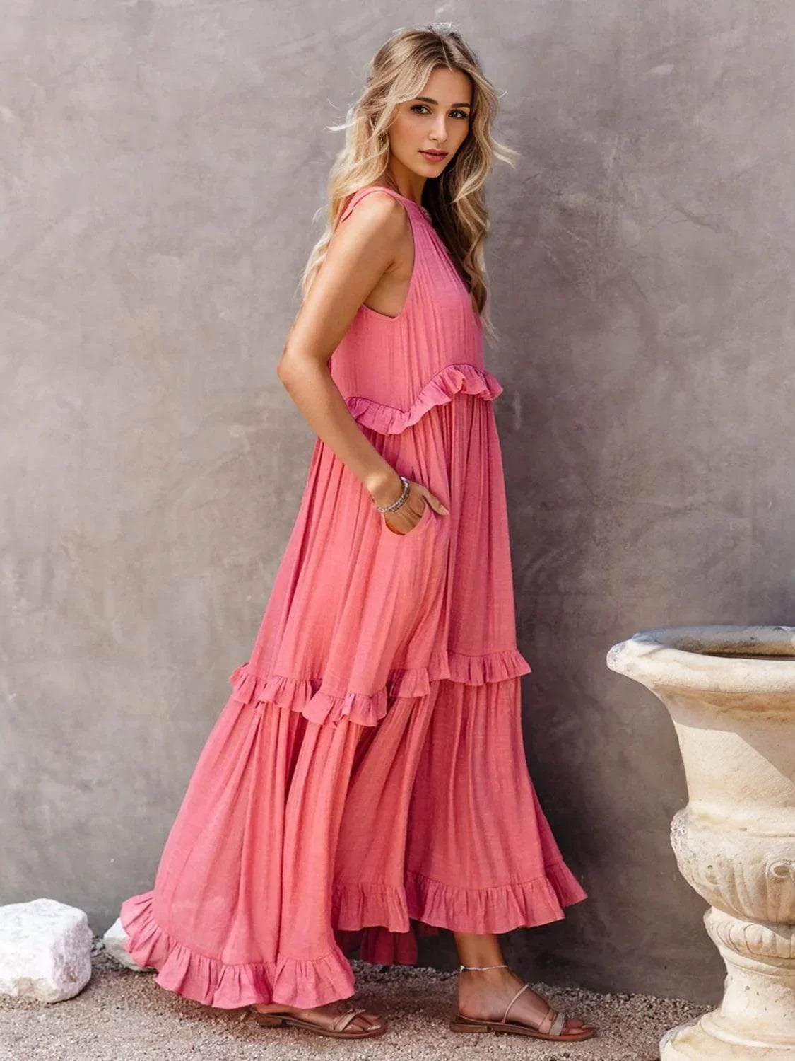 Ruffled Sleeveless Tiered Maxi Dress with Pockets Dress