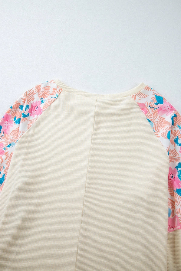 Apricot Plus Size Floral Patchwork Ribbed Puff Sleeve Top Tops