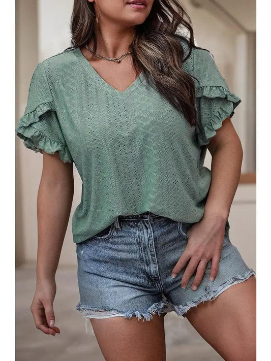 Plus Size Petal Sleeve Jacquard V Neck Curvy Blouse shirt 3X