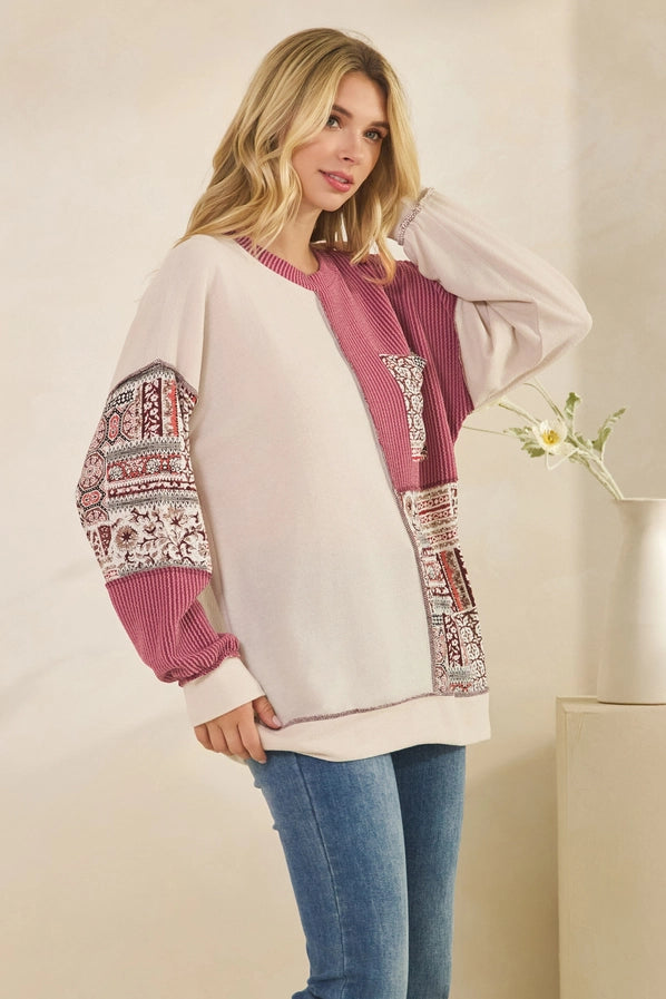 Patchwork Knit Long Sleeve Pullover Top - Oatmeal & Burgundy Color Block Sweater