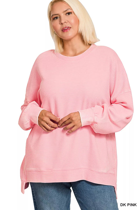 Zenana Full Size Acid Washed Double Ribbed Hi-low Sweatshirt Plus Size Sweatshirt