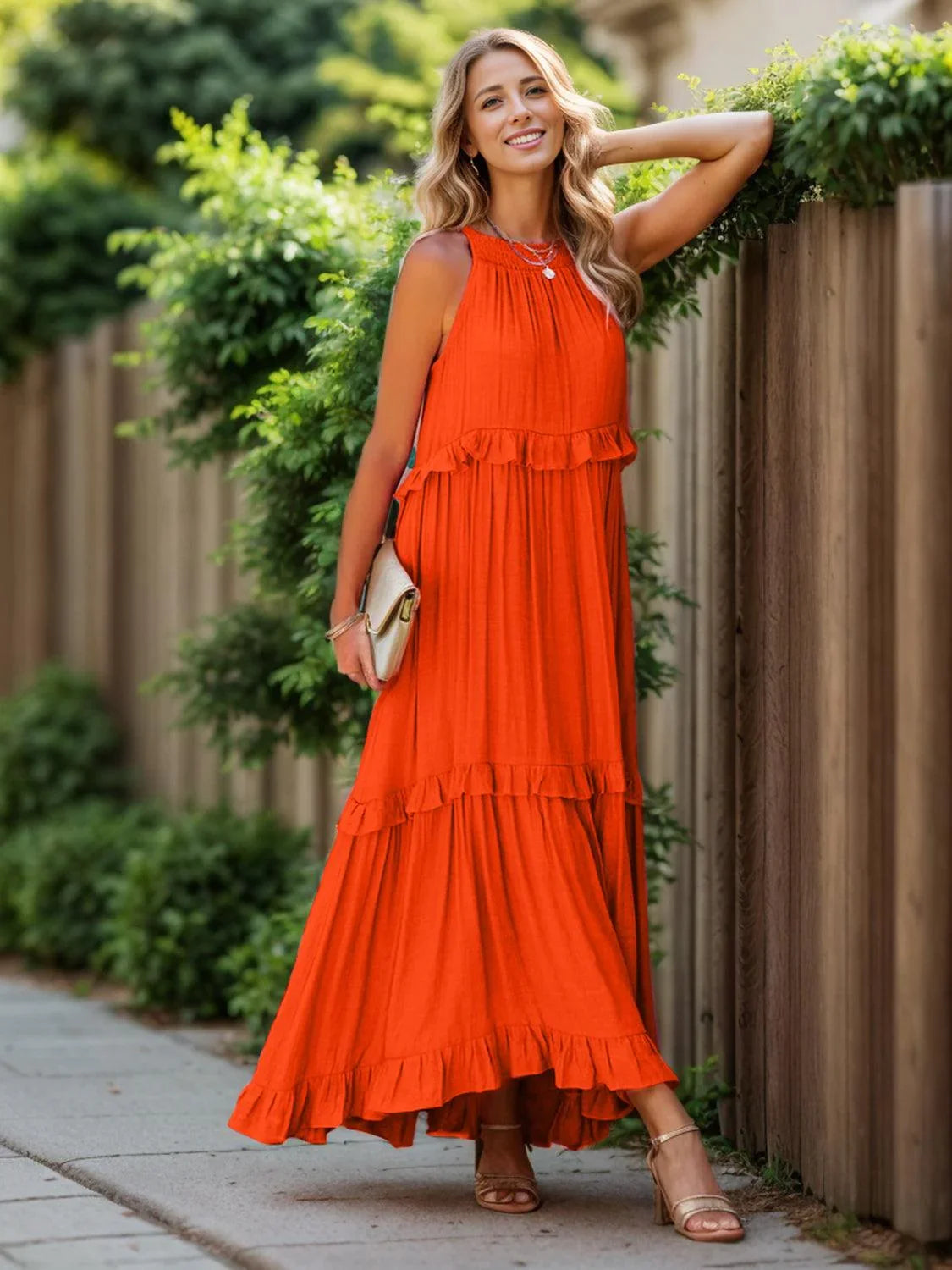 Ruffled Sleeveless Tiered Maxi Dress with Pockets Dress